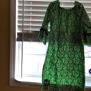 Green/White Dress with pompom on bell sleeves